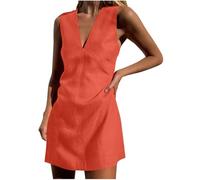 Sommerkleid Damen Elegant Kleider Ärmellos V-Ausschnitt Leinenkleid Midikleid A-Linie Einfarbig Kleid Casual Tunika Kleid Locker Sommer Kleider Freizeitkleid Strandkleid S-XXL