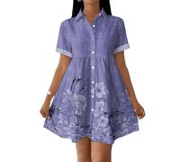 Sommerkleid Damen Elegant Kurz Blusenkleid Damen Kurzarm Kleid A Linie Blumen Strandkleid Sommer Casual Minikleid Locker Sommerkleider Leicht Und Luftig Hemdblusenkleid Hemdkleid