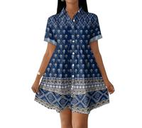 Sommerkleid Damen Elegant Kurz Blusenkleid Damen Kurzarm Swing Kleid A Linie Strandkleid Sommer Blumen Shirtkleid Sommerkleider Leicht Und Luftig Hemdblusenkleid Locker Hemdkleid