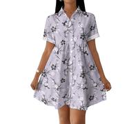 Sommerkleid Damen Elegant Kurz Blusenkleid Damen Kurzarm Swing Kleid A Linie Strandkleid Sommer Blumen Shirtkleid Sommerkleider Leicht Und Luftig Hemdblusenkleid Locker Hemdkleid