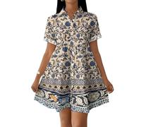 Sommerkleid Damen Elegant Kurz Blusenkleid Damen Kurzarm Swing Kleid A Linie Strandkleid Sommer Blumen Shirtkleid Sommerkleider Leicht Und Luftig Hemdblusenkleid Locker Hemdkleid
