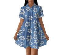 Sommerkleid Damen Elegant Kurz Blusenkleid Damen Kurzarm Swing Kleid A Linie Strandkleid Sommer Blumen Shirtkleid Sommerkleider Leicht Und Luftig Hemdblusenkleid Locker Hemdkleid