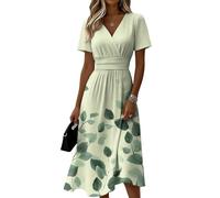 Sommerkleid Damen Elegant, Kurzarm V-Ausschnitt Strandkleid Luftig Leicht A Linie Midikleid Sommerkleider Elegant Freizeitkleid Wickelkleid V Ausschnitt Sommer Kleid (2-Hellgrün, XXL)