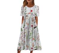 Sommerkleid Damen Elegant Midi Blumen Kleider Sommer A Linie mit Taschen Strandkleid Leicht Und Luftig Damenkleider Midilänge Kleid Frauen mit Ärmeln Blumenkleid Schicke Midikleid