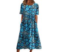 Sommerkleid Damen Elegant Midi Blumen Kleider Sommer A Linie mit Taschen Strandkleid Leicht Und Luftig Damenkleider Midilänge Kleid Frauen mit Ärmeln Blumenkleid Schicke Midikleid