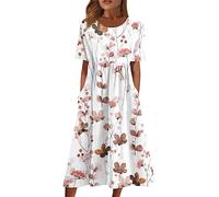 Sommerkleid Damen Elegant Midi Blumen Kleider Sommer A Linie mit Taschen Strandkleid Leicht Und Luftig Damenkleider Midilänge Kleid Frauen mit Ärmeln Blumenkleid Schicke Midikleid