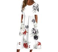 Sommerkleid Damen Elegant Midi Blumen Kleider Sommer A Linie mit Taschen Strandkleid Leicht Und Luftig Damenkleider Midilänge Kleid Frauen mit Ärmeln Blumenkleid Schicke Midikleid