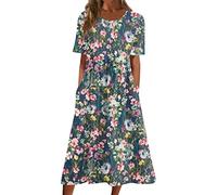 Sommerkleid Damen Elegant Midi Kleid Damen Sommer Blumen A Linie Sommerkleider Leicht Und Luftig Kleider Frauen mit Ärmel Kurzarm Strandkleid Knielang Damenkleider Taschen Blumenkleid