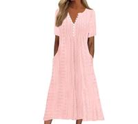 Sommerkleid Damen Elegant Midi Kleider Damen Sommer A Linie mit Ärmel Sommerkleider Leicht Und Luftig Kleid Frauen mit Knopfleiste Strandkleid Schick Damenkleider mit Öse Midikleid