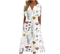 Sommerkleid Damen Elegant Midi Kleider Damen Sommer A Linie mit Ärmel Sommerkleider Leicht Und Luftig Blumen Strandkleid Kleid Frauen mit Taschen Damenkleider mit Knopfleiste Blumenkleid