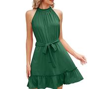 Sommerkleid Damen Elegant Neckholder Hängender Ausschnitt Ärmelloses Plissiertes Kleid Schulterfrei Kleider Strandkleid Freizeitkleid Unregelmäßige Minikleider Swing (Grün,S)