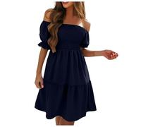 Sommerkleid Damen Elegant Rüschen Schulterfrei Urlaubskleid Puff Ärmel Off Shoulder Knielang Freizeitkleid Elegant Sommerkleider Damen Leicht und Luftig Kleider Frauen Lockere Einfarbig Strandkleid