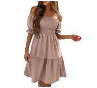 Sommerkleid Damen Elegant Rüschen Schulterfrei Urlaubskleid Puff Ärmel Off Shoulder Knielang Freizeitkleid Elegant Sommerkleider Damen Leicht und Luftig Kleider Frauen Lockere Einfarbig Strandkleid