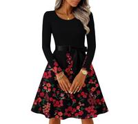 Sommerkleid Damen Elegant Rundhals Langarm Blumendruck Midikleid Tailliert Schleife Fließender A Linie Lockerer Lässiges Festliches Alltagskleid Bequemes Freizeitkleid(Schwarz,S)