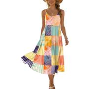 Sommerkleid Damen Elegant Sundress Damen Bohemian Strandkleid Blumenkleid Midi Spaghettiträger mit Taschen Leicht und Luftig Sommer S C Orange