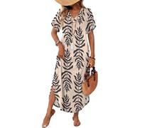 Sommerkleid Damen Elegant Tunika Kleid A Linie V Ausschnitt Strandkleid Damen Lang Shirtkleid mit Schlitz Kurzarm Sommerkleider Leicht Und Luftig Kleider Frauen Casual Maxikleid