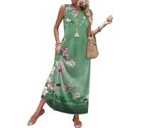 Sommerkleid Damen Elegantes Blumenmuster Ärmelloses Rundhals Maxikleid Boho Tailliertes Lässiges Lockeres Mit Taschen Leichtes Luftiges Blusenkleid Lassig Druck Bequemes Freizeitkleid(Armeegrün,S)