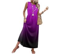 Sommerkleid Damen Elegantes Blumenmuster Ärmelloses Rundhals Maxikleid Boho Tailliertes Lässiges Lockeres Mit Taschen Leichtes Luftiges Blusenkleid Lassig Druck Bequemes Freizeitkleid(Blau,XXL)