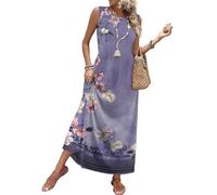 Sommerkleid Damen Elegantes Blumenmuster Ärmelloses Rundhals Maxikleid Boho Tailliertes Lässiges Lockeres Mit Taschen Leichtes Luftiges Blusenkleid Lassig Druck Bequemes Freizeitkleid(Dunkellila,S)