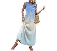 Sommerkleid Damen Elegantes Blumenmuster Ärmelloses Rundhals Maxikleid Boho Tailliertes Lässiges Lockeres Mit Taschen Leichtes Luftiges Blusenkleid Lassig Druck Bequemes Freizeitkleid(Hellblau,S)