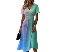 Sommerkleid Damen Farbverblassen V-Ausschnitt Kurzarm Midikleid Hohe Taille Lässiges Freizeitkleid Leicht Luftiges Fließendes Strandkleid Elegant Modisches Klassisches Tunikakleid(Hellblau,L)