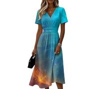 Sommerkleid Damen Farbverblassen V-Ausschnitt Kurzarm Midikleid Hohe Taille Lässiges Freizeitkleid Leicht Luftiges Fließendes Strandkleid Elegant Modisches Klassisches Tunikakleid(Himmelblau,M)