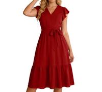 Sommerkleid Damen Festlich Kleid Hochzeitsgast - Wickelkleid Kurzarm Und Rüschen Sommer V-Ausschnitt Kleider Elegant Lässiges Hohe Taille Lockeres Einfarbig Kleid Mit Taschen