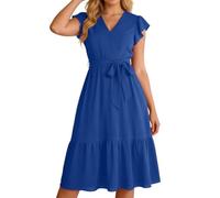 Sommerkleid Damen Festlich Kleid Hochzeitsgast - Wickelkleid Kurzarm Und Rüschen Sommer V-Ausschnitt Kleider Elegant Lässiges Hohe Taille Lockeres Einfarbig Kleid Mit Taschen