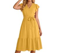 Sommerkleid Damen Festlich Kleid Hochzeitsgast - Wickelkleid Kurzarm Und Rüschen Sommer V-Ausschnitt Kleider Elegant Lässiges Hohe Taille Lockeres Einfarbig Kleid Mit Taschen