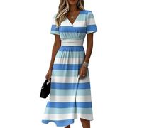 Sommerkleid Damen Gestreift V-Ausschnitt Kurzarm Midikleid Hohe Taille Lässiges Freizeitkleid Leicht Luftiges Fließendes Strandkleid Elegant Modisches Klassisches Tunikakleid(Hellblau,XL)
