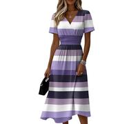 Sommerkleid Damen Gestreift V-Ausschnitt Kurzarm Midikleid Hohe Taille Lässiges Freizeitkleid Leicht Luftiges Fließendes Strandkleid Elegant Modisches Klassisches Tunikakleid(Lila,S)
