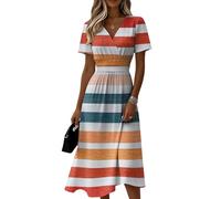 Sommerkleid Damen Gestreift V-Ausschnitt Kurzarm Midikleid Hohe Taille Lässiges Freizeitkleid Leicht Luftiges Fließendes Strandkleid Elegant Modisches Klassisches Tunikakleid(Orange,L)