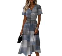 Sommerkleid Damen Gestreift V-Ausschnitt Kurzarm Midikleid Hohe Taille Lässiges Freizeitkleid Leicht Luftiges Fließendes Strandkleid Elegant Modisches Klassisches Tunikakleid(Grau,XXL)