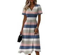 Sommerkleid Damen Gestreift V-Ausschnitt Kurzarm Midikleid Hohe Taille Lässiges Freizeitkleid Leicht Luftiges Fließendes Strandkleid Elegant Modisches Klassisches Tunikakleid(Blau,XL)
