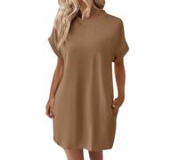 Sommerkleid Damen große größen Kleider elegant festlich wickelkleid Einfarbig Rundhals Kurz Ärmel Shirt Kleid italienische White Dress（Khaki, XXL