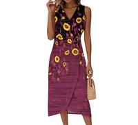 Sommerkleid Damen Große Größen, Midikleid Kleid Elegant Ärmellos V-Ausschnitt Kleider Blumenmuster Wickelkleid Tailliert A-Linie Festlich Sommer Casual Classic (2-Heißpink, XL)