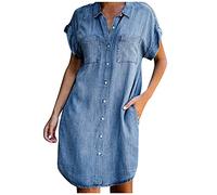 Sommerkleid Damen, Jeanskleid Damen Kurz Frontknopf Jeans Tunika Kleid mit Tasche Einfarbig Rever Minikleid Casual Locker Blusenkleid Frauen Sommer Elegant Freizeitkleid Denimkleid