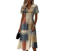 Sommerkleid Damen Kariert V-Ausschnitt Kurzarm Midikleid Hohe Taille Tailliertes Lässiges Freizeitkleid Leicht Luftiges Fließendes Strandkleid Elegant Modisches Klassisches Tunikakleid(Beige,M)