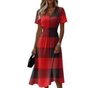 Sommerkleid Damen Kariert V-Ausschnitt Kurzarm Midikleid Hohe Taille Tailliertes Lässiges Freizeitkleid Leicht Luftiges Fließendes Strandkleid Elegant Modisches Klassisches Tunikakleid(Rot,S)
