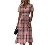 Sommerkleid Damen Kariert V-Ausschnitt Kurzarm Midikleid Hohe Taille Tailliertes Lässiges Freizeitkleid Leicht Luftiges Fließendes Strandkleid Elegant Modisches Klassisches Tunikakleid(Rosa,L)
