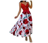 Sommerkleid Damen Klassisches A-Linie Kleid mit Leopardenmuster Trägerkleid mit Tiefem V-Ausschnitt Sexy Schulterfreies Boho Kleid Langes Kleid mit Hohem Taillenschlitz Mode Strandkleid mit 3D Druck