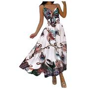 Sommerkleid Damen Klassisches A-Linie Kleid mit Leopardenmuster Trägerkleid mit Tiefem V-Ausschnitt Sexy Schulterfreies Boho Kleid Langes Kleid mit Hohem Taillenschlitz Mode Strandkleid mit 3D Druck