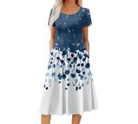 Sommerkleid Damen, Kleid Damen Abendkleid Lang Rundhals Kurzarm Midikleid Lockerer Blumendruck Sommerkleider Shirtkleid Mit Taschen Casual Strandkleid Klassiker Beuqem Freizeitkleider (2-Marine, XL)