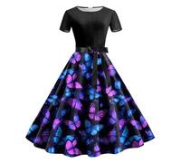 Sommerkleid Damen, Kleider Damen 1950er Rockabilly Cocktailkleid mit Schleife Schmetterling Drucken Swing Faltenrock Knielang Vintage Abendkleid Frauen Elegant Petticoat Partykleid