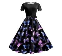 Sommerkleid Damen, Kleider Damen 1950er Rockabilly Cocktailkleid mit Schleife Schmetterling Drucken Swing Faltenrock Knielang Vintage Abendkleid Frauen Elegant Petticoat Partykleid
