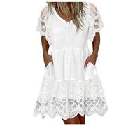 Sommerkleid Damen, Kleider Damen Kurz Spitze Minikleid mit Tasche Ärmellos V Ausschnitt Tunika Kleid Einfarbig Tshirt Kleid Lässiges Longshirt Sommer Elegant Freizeitkleid Strandkleid