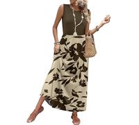 Sommerkleid Damen Kleider Damen Sommer Lang Ärmelloses Blumen Rundhals Cocktailkleid Casual Schickes Tank Kleid Sommerkleidung XL A Khaki