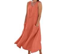 Sommerkleid Damen Kleider Sommer Casual V-Ausschnitt Ärmellos Leichte Lässige Freizeitkleid Swing Tank Kleid Strandkleider Langes Mit Taschen Maxikleider Leicht Und Luftig Lang