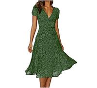 Sommerkleid Damen Kleines Tupfenmuster Maxikleid Casual Chiffon Langes Kleid Sexy Kurzarm Langes Kleid Tief V-Ausschnitt wadenlanges Strandkleid Frauen Sonnenkleid Polka Dot Dress Ladies Kleider