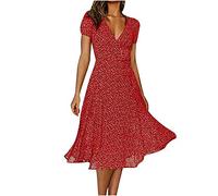 Sommerkleid Damen Kleines Tupfenmuster Maxikleid Casual Chiffon Langes Kleid Sexy Kurzarm Langes Kleid Tief V-Ausschnitt wadenlanges Strandkleid Frauen Sonnenkleid Polka Dot Dress Ladies Kleider